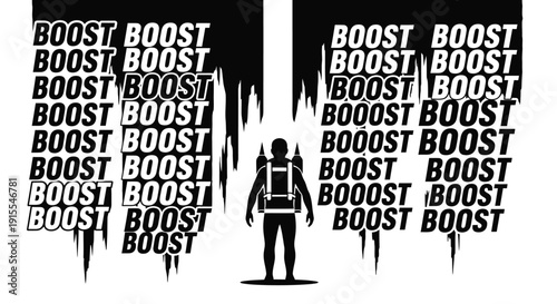 Man with jetpack taking off, black and white background with text boost