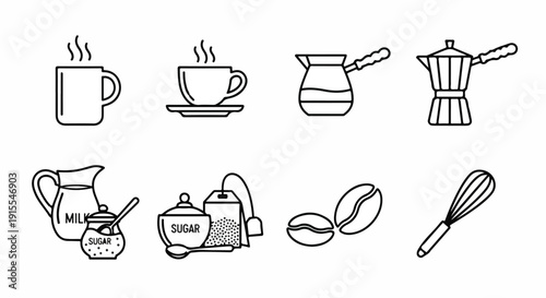 A variety of coffee-related items and utensils in a simple line drawing Vector