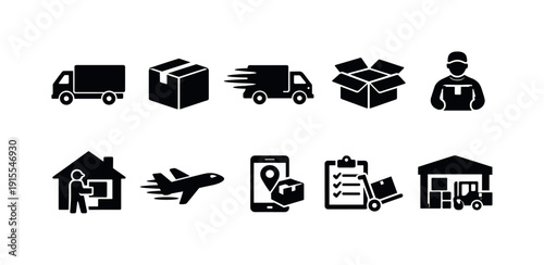 Logistics and delivery solid icon set. Shipping, transportation, package icons collection