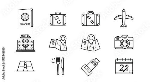 Illustrations of travel and vacation-related icons and symbols Vector