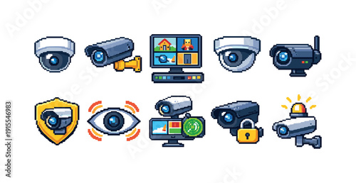 Security and surveillance icon set. Camera, monitoring icons in pixel art style.