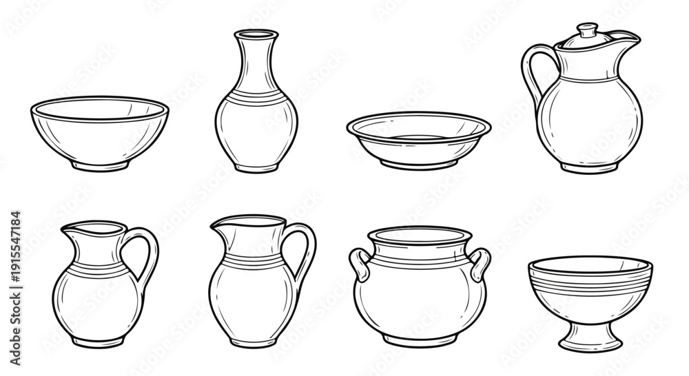 Obraz premium A collection of various ancient pottery and ceramic vessels in different shapes and sizes. Vector