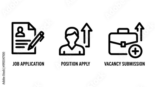 Job Application and Recruitment Process Icons for Vacancy Submission Candidate Profile and Position Application in Clean Black Line Art