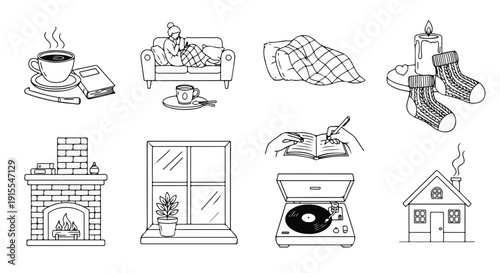 Illustrations of various household items and activities for a cozy home environment Vector