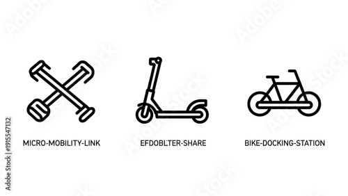 Micro-Mobility Transportation Icon Set Including Link Symbol, Electric Scooter Share, and Bike Docking Station for Urban Transit Solutions