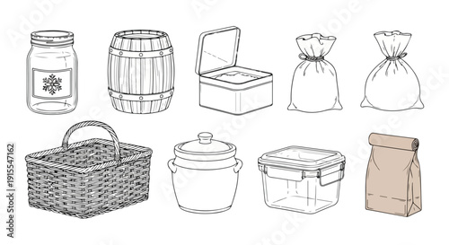 Assorted containers and baskets for storage and organization Vector