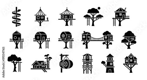 Minimalist black silhouette icon set showcasing twelve original treehouse structures with imaginative and architectural forms. Each icon uses clean vector-style shapes and balanced proportions