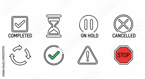 Common icons used to represent the status of tasks and processes Vector