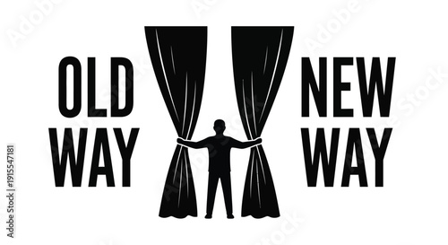 Man opening stage curtains to reveal new way business concept or to show solution to problem