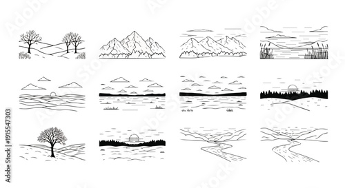 Diverse landscapes featuring mountains, trees, and water bodies in various artistic styles Vector