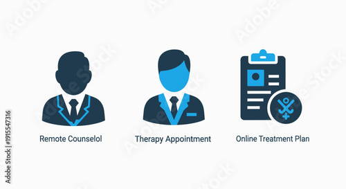 Telemedicine and online therapy icons for remote counseling therapy appointments and digital treatment plans with a counselor avatar