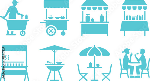 Collection of various food and drink vendor icons in green color