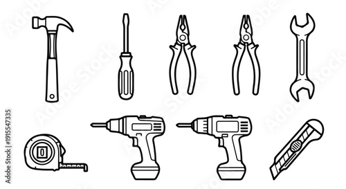 Assorted tools and equipment for various construction and repair tasks Vector