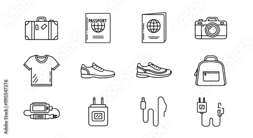 A collection of various travel and vacation related items and accessories Vector