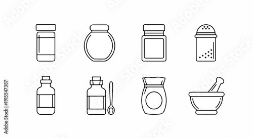 Assorted containers and tools for storing and preparing ingredients Vector