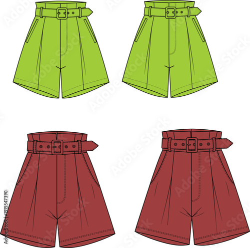 High Waisted Paperbag Shorts Vector Illustration with Belted Waist and Pleated Detail in Lime Green and Maroon Fashion Flat Sketch
