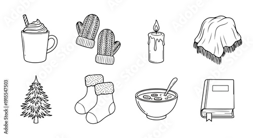 Winter coziness with hot drinks, warm socks, and a book by the fire Vector