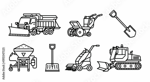 A variety of heavy machinery and tools for construction and landscaping Vector