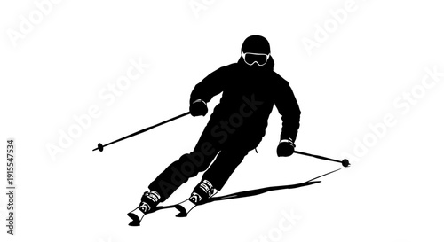 Silhouette of a skier descending a snowy slope with ski poles.