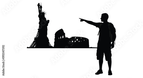 A black silhouette depicts a man pointing towards a distant statue of liberty and other iconic landmarks in a travel scene