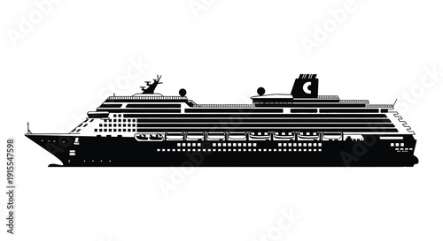 A detailed black and white side view of a large cruise ship with multiple decks windows and a prominent ship s wheel silhouette