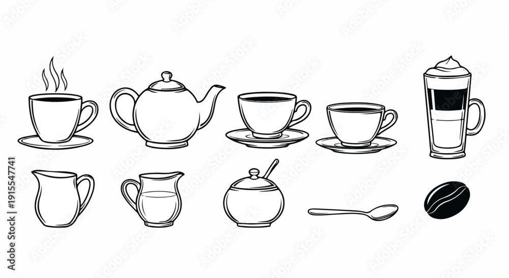 Fototapeta premium A variety of tea and coffee items including cups, teapots, and a coffee bean. Vector