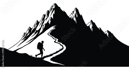 A black and white illustration depicts a lone hiker with a backpack walking along a winding path through a range of jagged mountains
