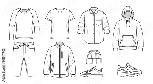 Illustration of various clothing items including tops, pants, shoes, and accessories Vector
