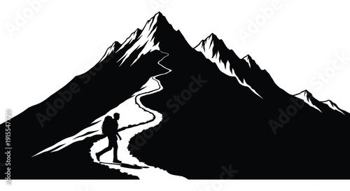 A striking black and white illustration depicts a solitary figure hiking along a winding path through a range of jagged mountains silhouette