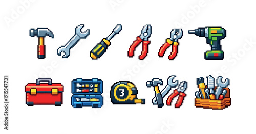Tools and repair pixel icon set. Toolbox, wrench, hammer icons pixel collection