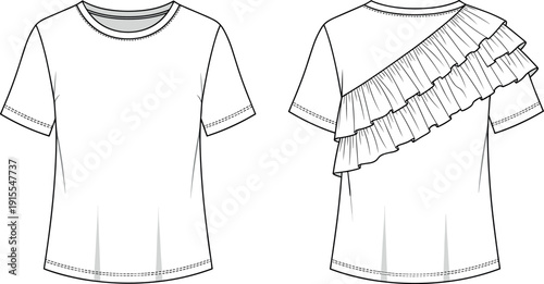 Women's Short Sleeve Crew Neck T-Shirt with Diagonal Ruffle Back Detail Technical Fashion Illustration Front and Back View Vector Sketch
