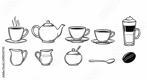 A variety of tea and coffee items including cups, teapots, and a coffee bean. Vector