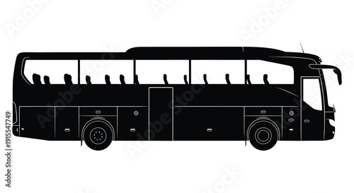 A detailed black silhouette depicts a modern tour bus with multiple windows wheels and a prominent front grill against a plain white background