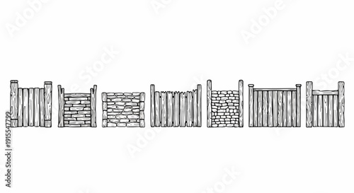 A series of wooden fences with varying textures and designs Vector
