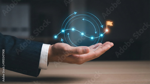 Professional hand presenting holographic decision arrows strategy direction and roadmap concept with digital business interface