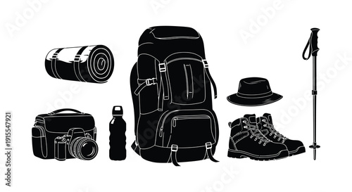 A black and white silhouette depicts hiking equipment including a backpack camera hat boots and a trekking pole against a white background