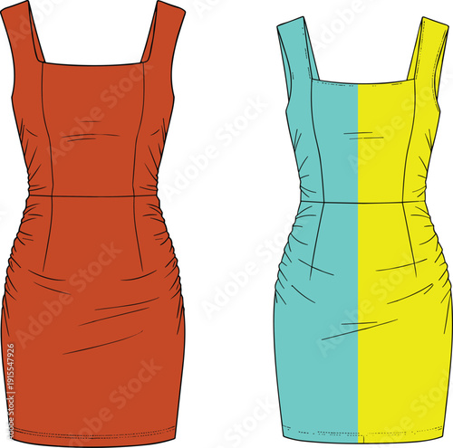 Technical Fashion Flat Sketch of Sleeveless Bodycon Mini Dress with Square Neckline Princess Seams and Side Ruched Details in Multiple Colors