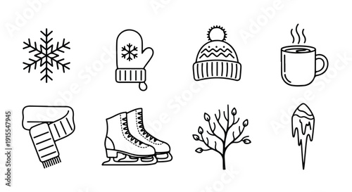 A collection of winter-themed icons featuring various cold weather items and activities Vector
