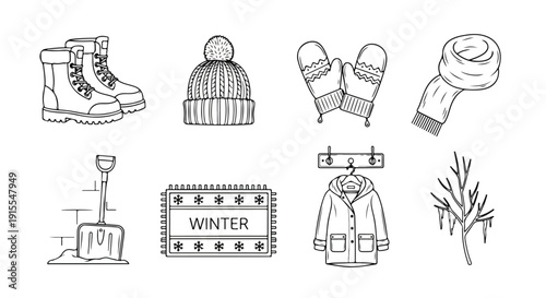 A collection of winter items and activities for the season Vector
