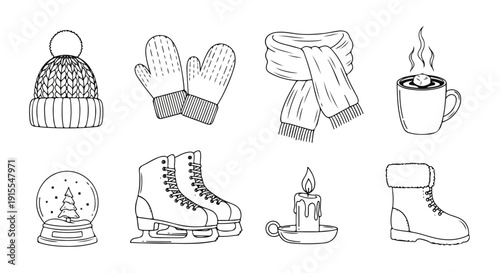 Winter essentials: a cozy collection of seasonal items and activities Vector