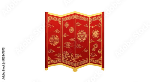 Ornate Red Folding Screen with Gold Chinese Motifs and Clouds