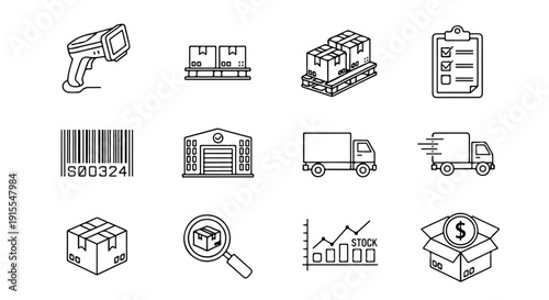 Icons representing various aspects of business and logistics operations Vector