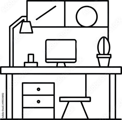 Freelancer workspace flat outline illustration.