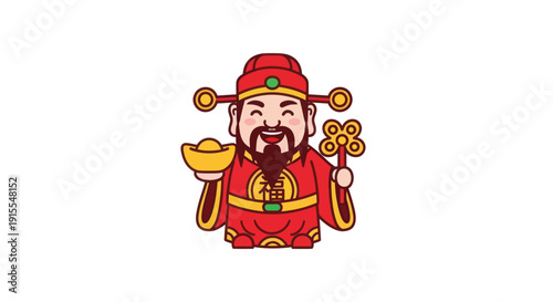 Chinese God of Wealth, Cai Shen, Holding Gold Ingot and Ruyi Scepter, Cartoon Style