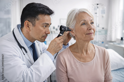 Doctor examining the hearing of elderly woman patient with an otoscope in a clinical consultation. Specialist doctor performs an ear examination on an elderly patient