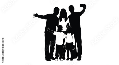 A family of four including a mother father and two children posing for a photo with celebratory gestures silhouette
