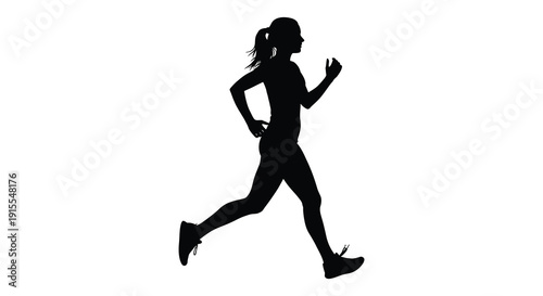 A dynamic black silhouette of a female athlete in motion energetically running forward with a focused and athletic posture silhouette