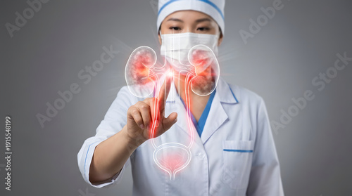 Female doctor in white coat and mask points at glowing red kidneys and bladder urinary system hologram on gray background