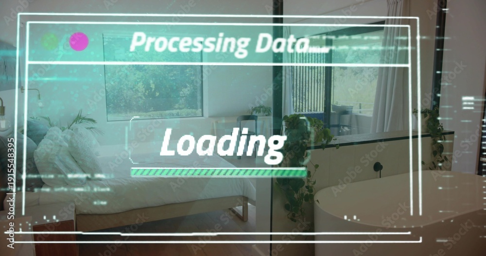 Obraz premium Displaying AR HUD overlay covering modern apartment interior, showing Processing Data Loading bar