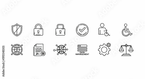 A collection of icons representing various aspects of cybersecurity and data protection Vector